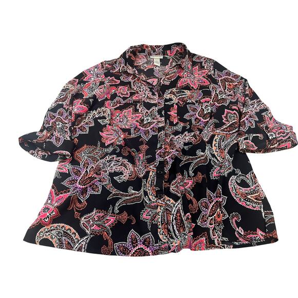 Catherines 0X 14/16 W Paisley Button Front Blouse Black Pink Purple 3/4 Sleeve - Picture 1 of 8